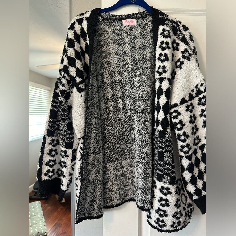 Pink Lily black and white fuzzy oversized sweater